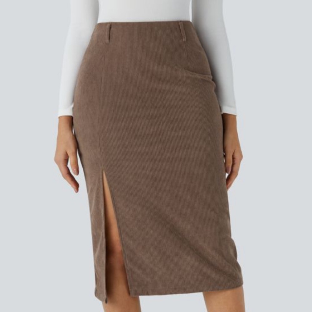 NWT HALARA High Waisted Invisible Zipper Split Hem Midi Corduroy Casual Skirt